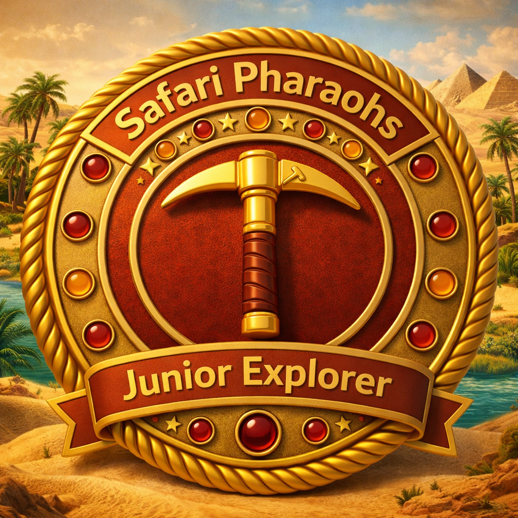 A golden badge featuring a pickaxe at the centre with the text 'Safari Pharaohs' and 'Junior Explorer', surrounded by colourful gems and a backdrop of palm trees and pyramids.