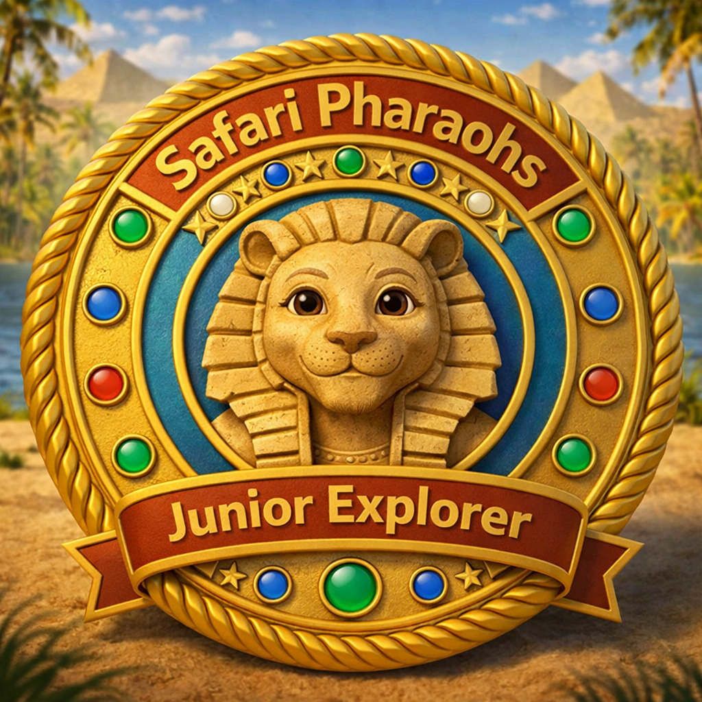 A stylised medal featuring a lion's head design with the words 'Safari Pharaohs' at the top and 'Junior Explorer' on a ribbon below, set against a background of palm trees and pyramids.