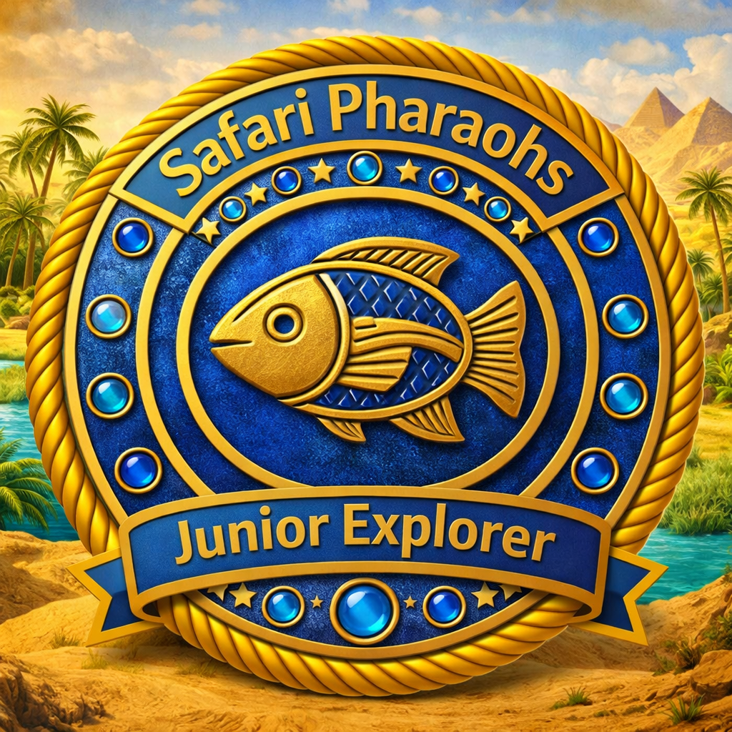 A decorative badge featuring a goldfish design, surrounded by blue and gold elements, with the text 'Safari Pharaohs' at the top and 'Junior Explorer' on a banner below. The background includes a tropical landscape with palm trees and pyramids.