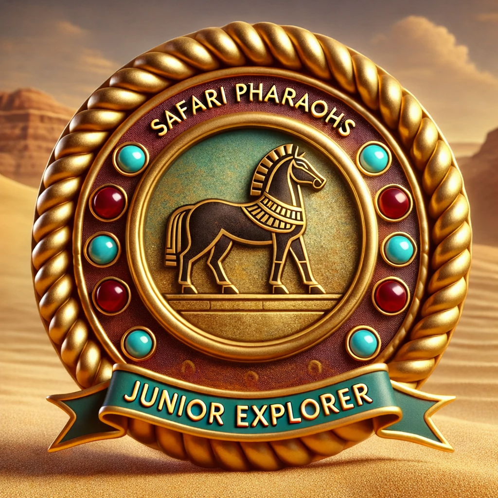 A decorative badge titled 'Safari Pharaohs' featuring a stylised horse emblem, surrounded by colourful gems and a ribbon that reads 'Junior Explorer'.