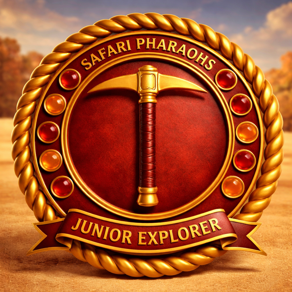 A circular badge featuring a pickaxe design, embellished with colourful gemstones, reading 'Safari Pharaohs' at the top and 'Junior Explorer' on a banner at the bottom.