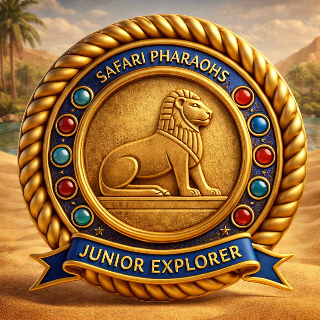 A gold medallion featuring a lion silhouette, with 'Safari Pharaohs' at the top and 'Junior Explorer' on a blue ribbon at the bottom. Colourful gems surround the medallion against a desert background.
