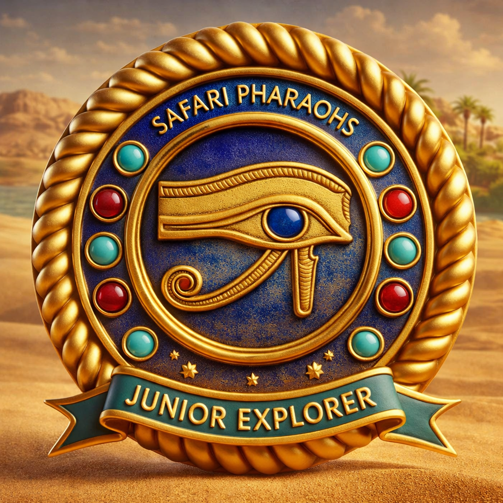 A decorative badge featuring the Eye of Horus, surrounded by a blue background and bordered with gold rope, labelled 'Safari Pharaohs' at the top and 'Junior Explorer' at the bottom.
