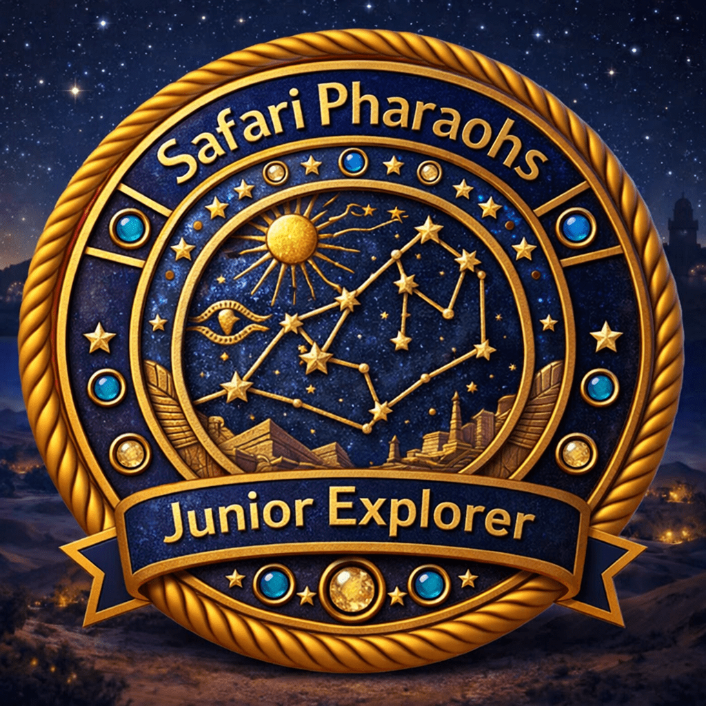 A decorative badge with 'Safari Pharaohs' at the top and 'Junior Explorer' at the bottom, featuring an emblematic design of constellations, stars, and celestial symbols against a blue and gold background.