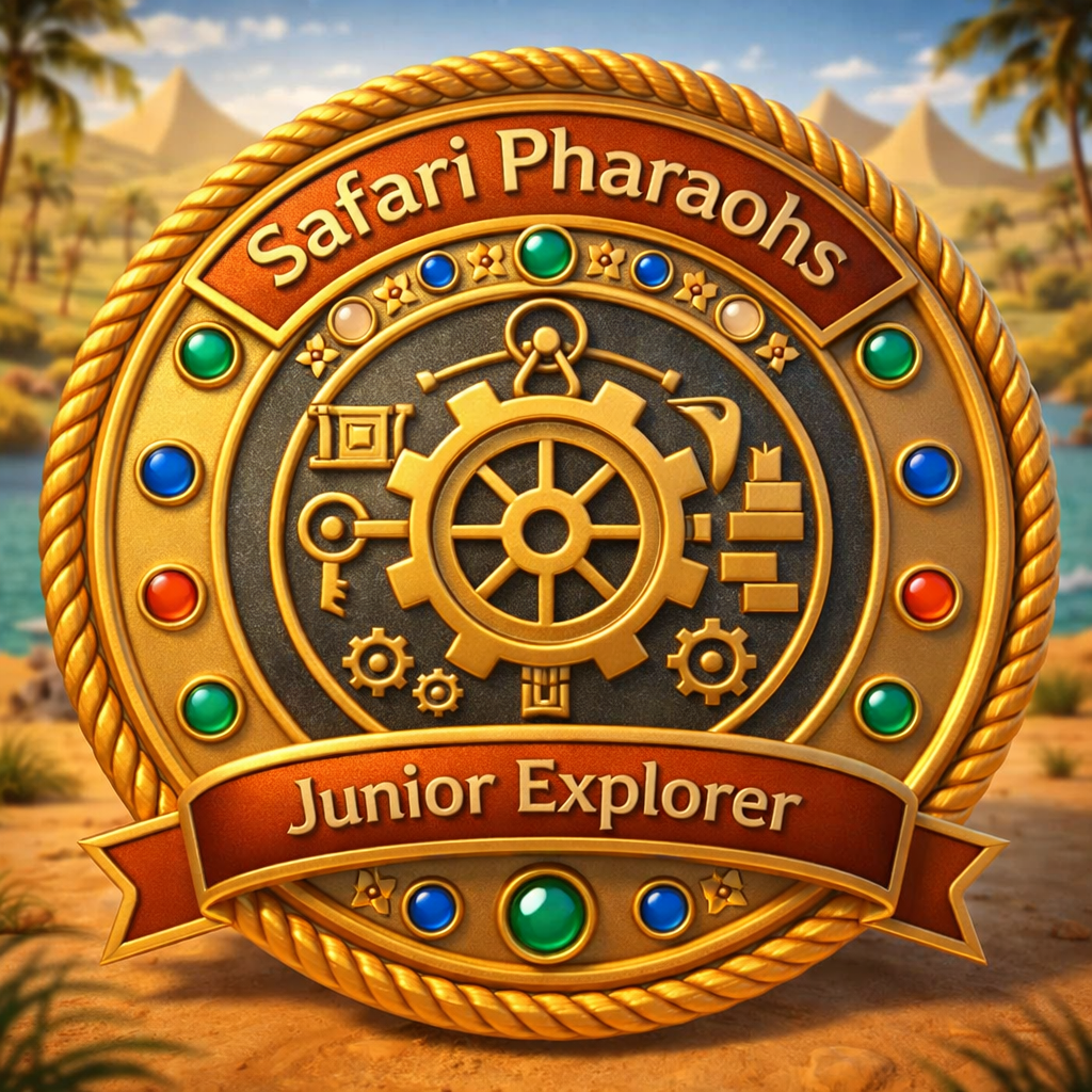 A golden badge featuring the text 'Safari Pharaohs' at the top and 'Junior Explorer' at the bottom, surrounded by colourful jewels. The centre displays a gear and various exploration symbols, set against a background of pyramids and palm trees.