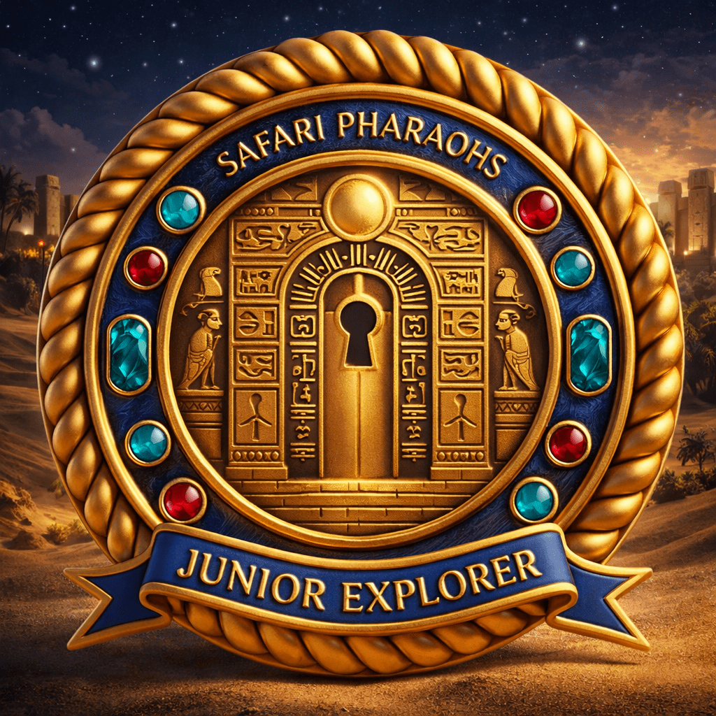 A golden badge featuring an ancient Egyptian door and hieroglyphics, surrounded by colourful gemstones. The badge reads 'Safari Pharaohs' at the top and 'Junior Explorer' on a blue ribbon at the bottom.