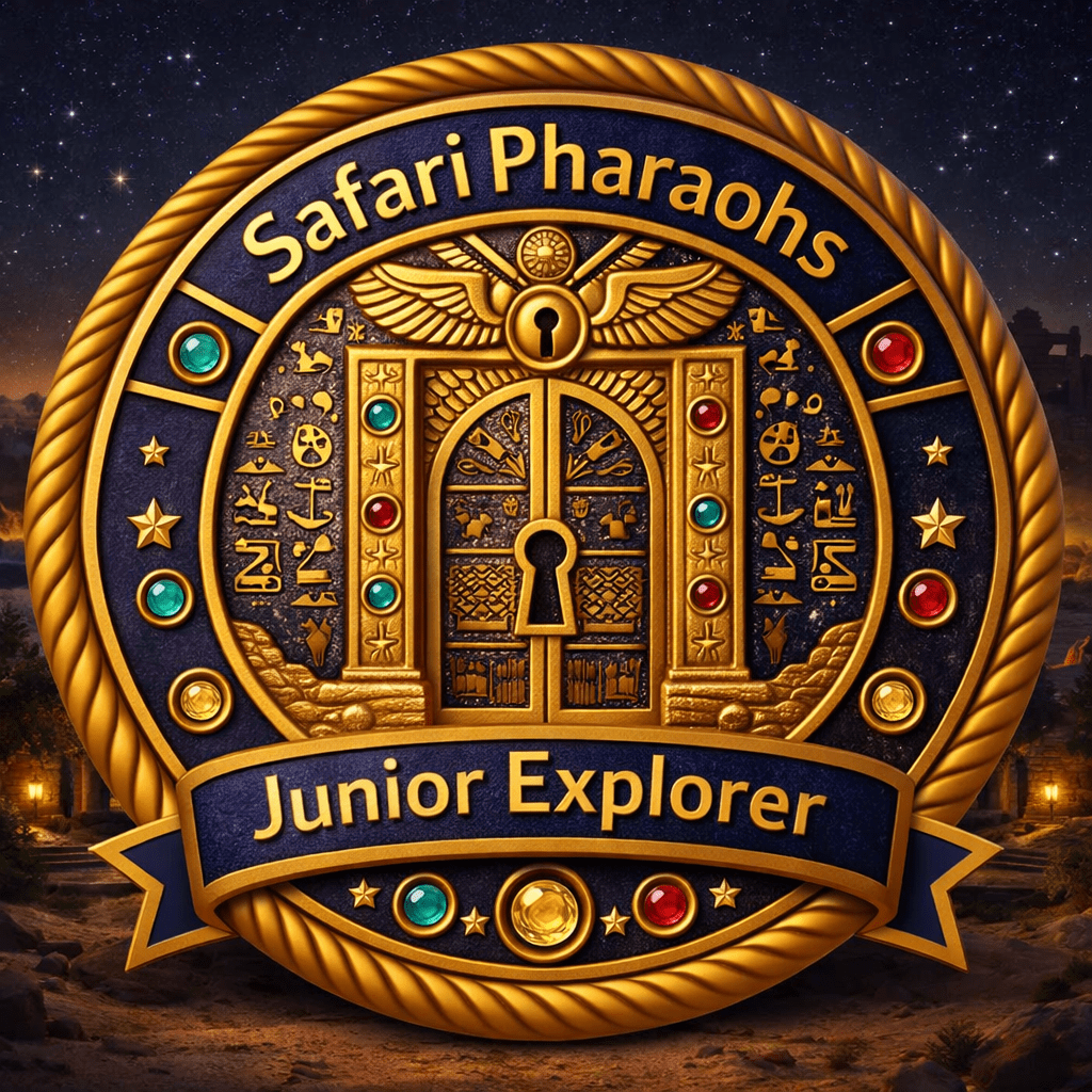 A decorative badge featuring the text 'Safari Pharaohs' at the top and 'Junior Explorer' at the bottom, adorned with ancient symbols and an illustration of ornate doors with a keyhole, set against a starry night background.