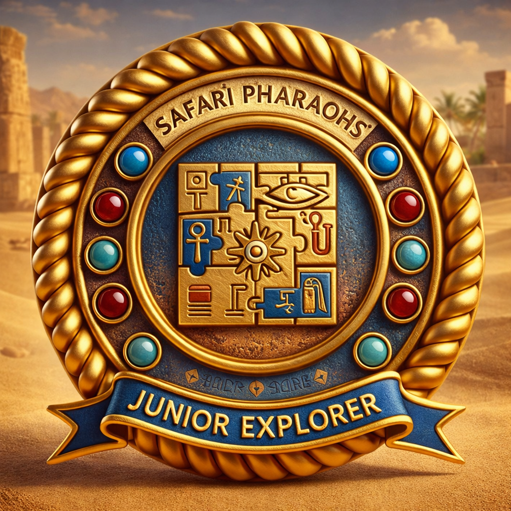 A gold and blue badge featuring ancient Egyptian symbols, surrounded by colorful gems, with the text 'Junior Explorer' at the bottom and 'Safari Pharaohs' at the top.