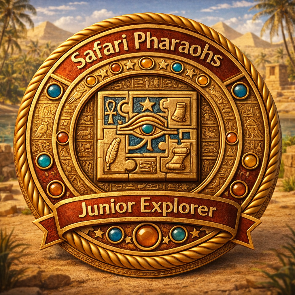 A decorative badge featuring the text 'Safari Pharaohs' at the top and 'Junior Explorer' at the bottom, with ancient Egyptian symbols and a blue eye design in the centre, set against a background of pyramids and palm trees.