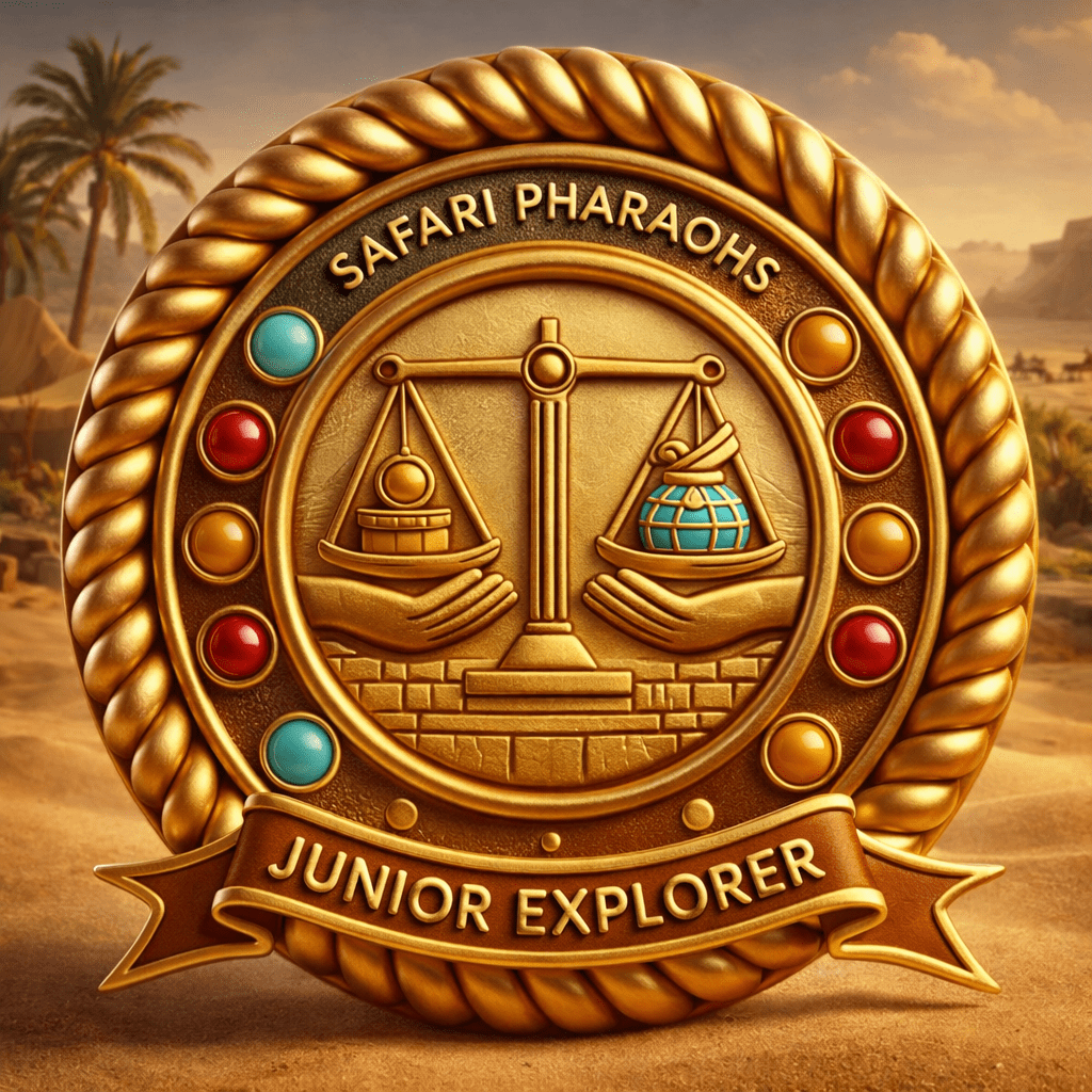 A gold badge featuring the words 'Safari Pharaohs Junior Explorer', with scales of justice and a globe motif, set against a desert backdrop.