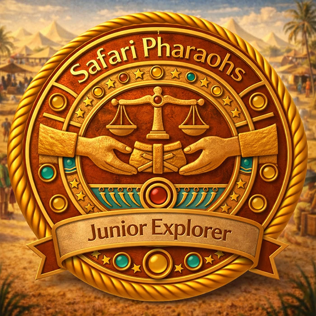 A decorative badge featuring the title 'Safari Pharaohs Junior Explorer', with two hands holding scales and a central emblem, set against a background depicting a desert scene with tents.