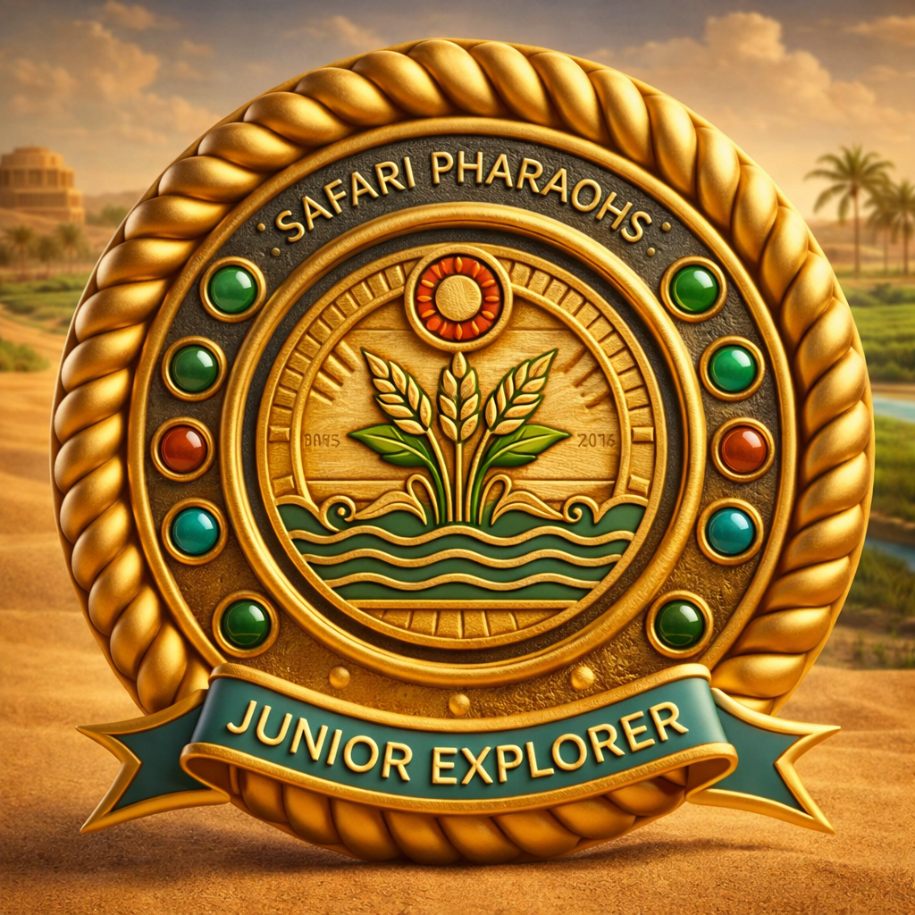A golden badge featuring a central design of wheat and water waves, adorned with colourful gemstones and the text 'JUNIOR EXPLORER' beneath, set against a desert landscape.
