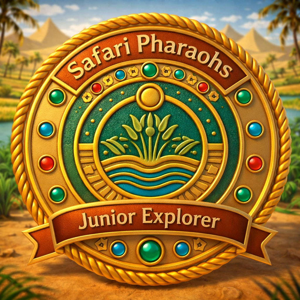 A decorative badge featuring the text 'Safari Pharaohs Junior Explorer', surrounded by a circular design with various jewels and an intricate background depicting a landscape with water and palm trees.