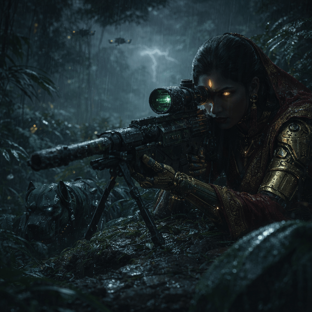 A female character in ornate golden armor and a red cloak, aiming a sniper rifle in a dark, rain-soaked jungle, with glowing eyes and a fierce expression. A black panther is positioned nearby amid lush greenery.