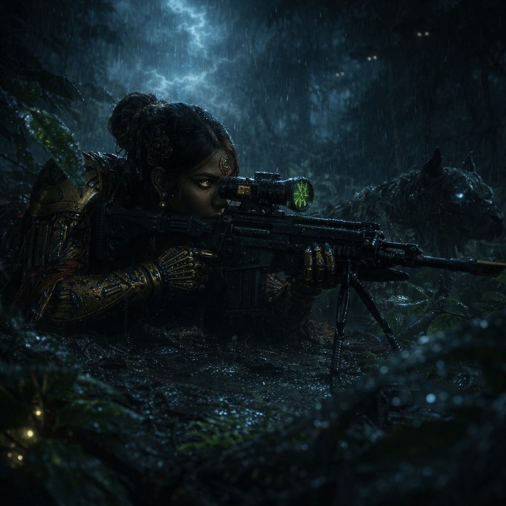 A female soldier wearing ornate protective gear is lying in the rain-soaked jungle, aiming a sniper rifle equipped with a green scope. A glowing dog-like creature is positioned nearby in the dense foliage.