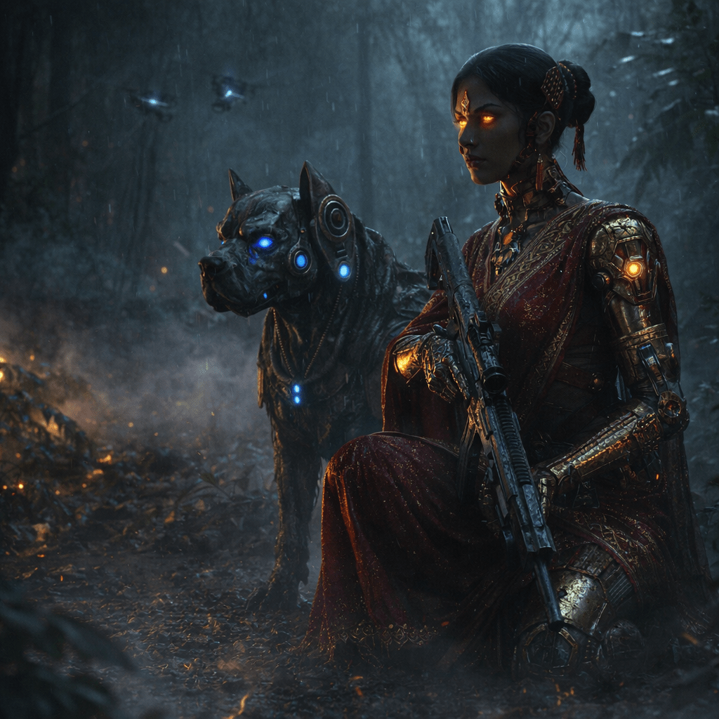 A futuristic woman in traditional attire holds a weapon, accompanied by a robotic dog, set in a dark forest with glowing elements.