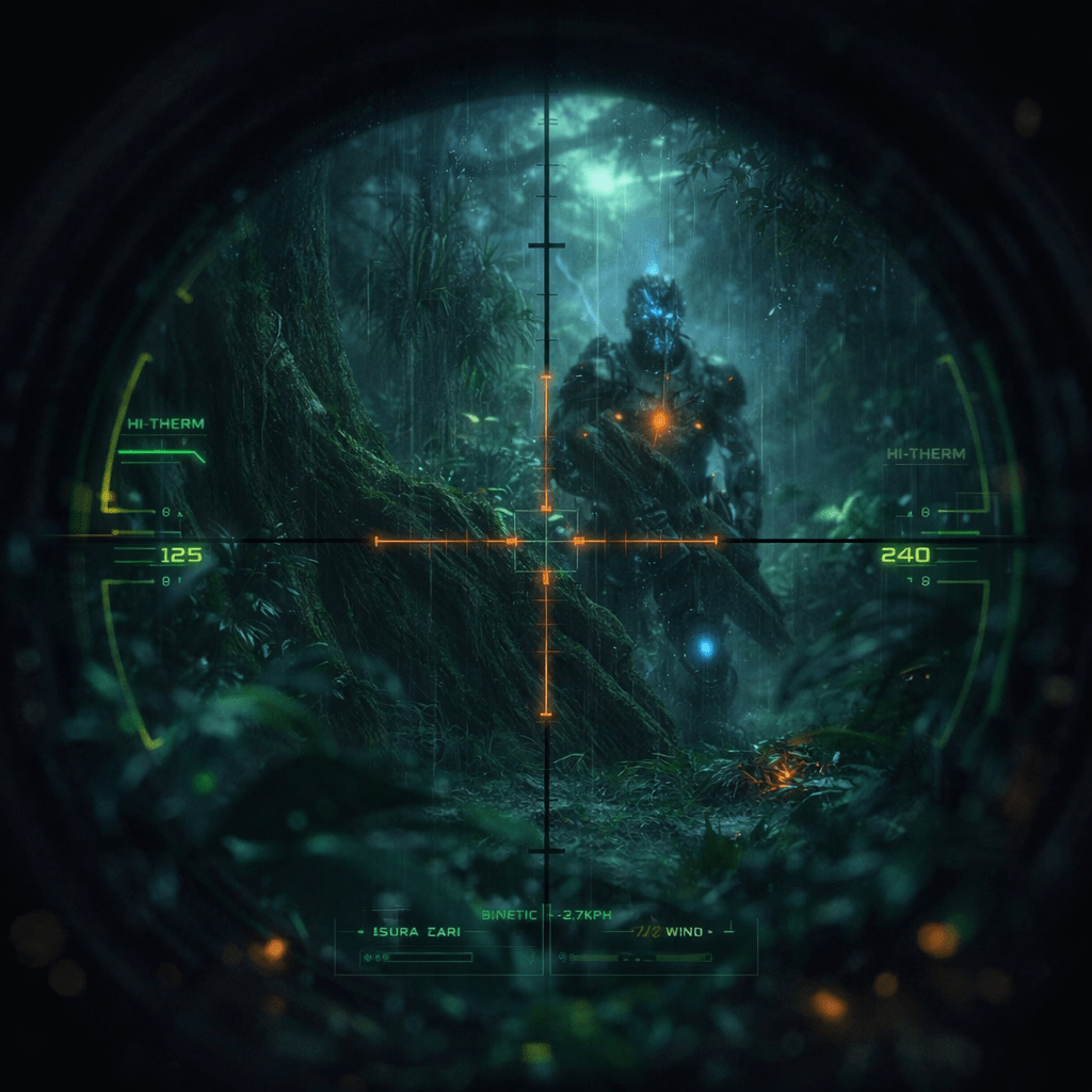 A futuristic robotic figure seen through a sniper scope, set in a dense, rain-soaked jungle environment, with digital targeting overlays displayed.