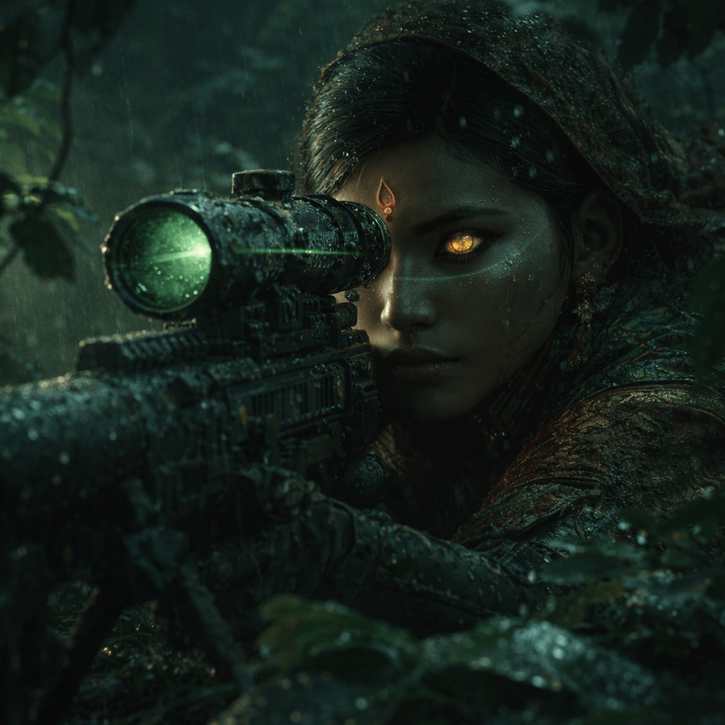 A skilled female sniper aiming through a high-tech scope, set in a dense, rain-soaked jungle with dark, moody lighting.