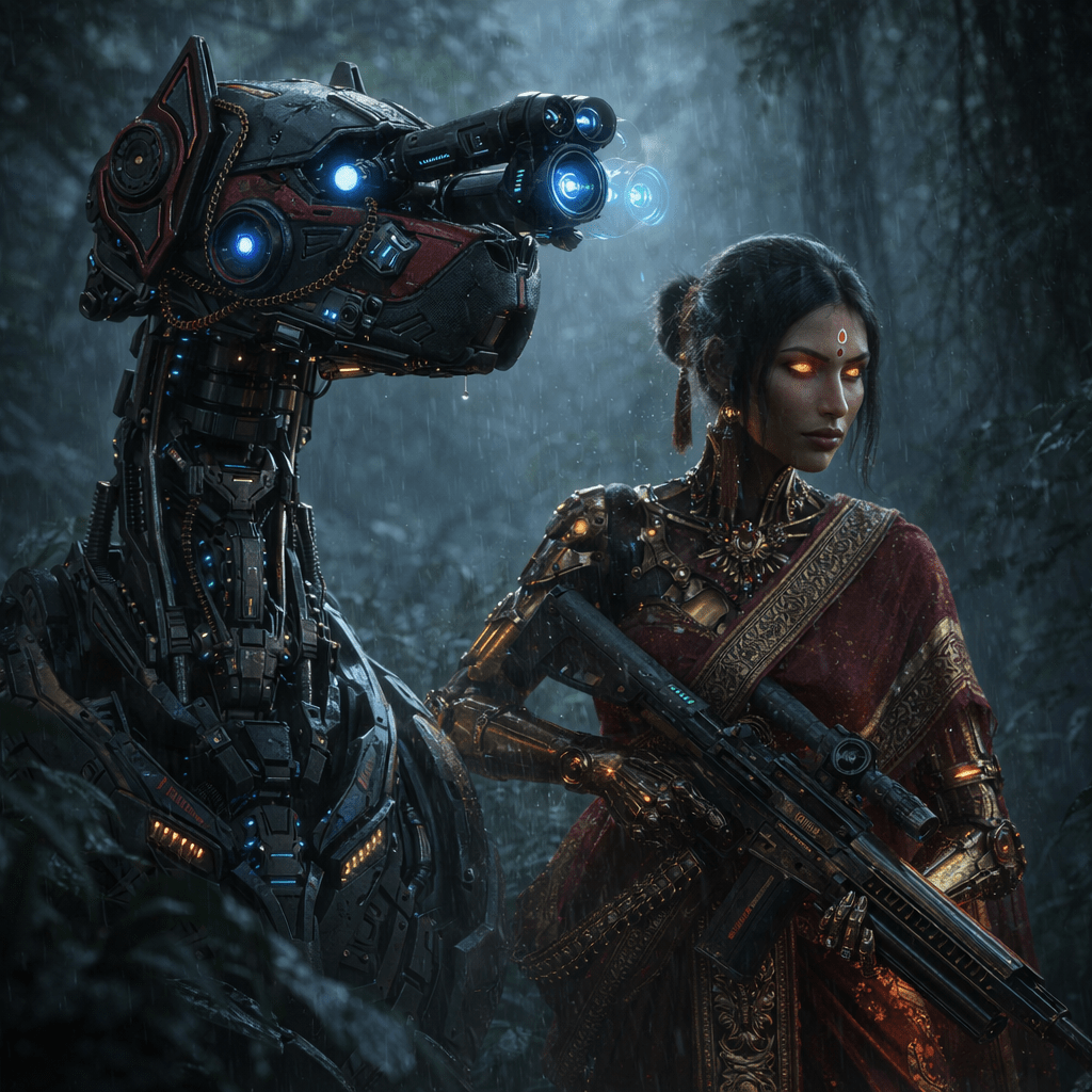A futuristic scene featuring a robotic dog with glowing eyes beside a woman in a traditional red sari, holding a weapon in a lush, misty forest setting.
