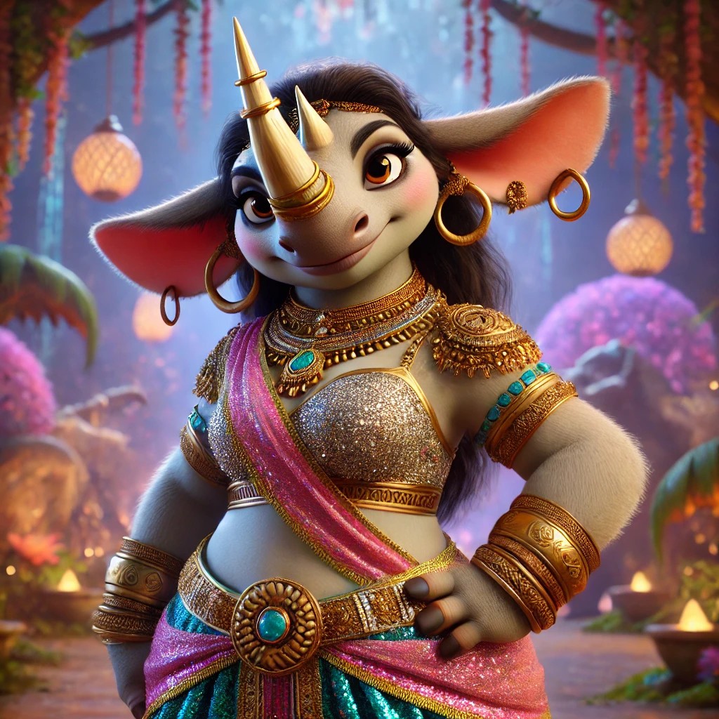 A stylised animated character resembling a rhinoceros, adorned in traditional attire with gold jewellery and vibrant fabrics, set against a mystical background with decorated foliage and lanterns.