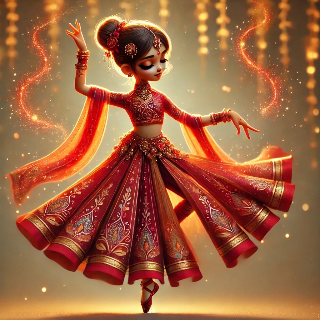 A graceful animated character dressed in a richly embroidered red and gold traditional outfit, dancing with elegance against a softly lit background featuring sparkling orbs.