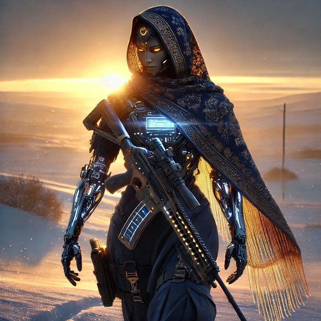 A futuristic robot wearing a traditional-style shawl stands in a snowy landscape at sunset, holding a rifle, with glowing elements on its body.