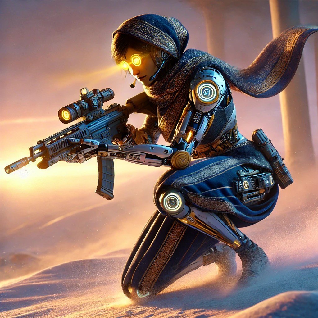 A futuristic humanoid robot with glowing eyes, wearing a hooded scarf, crouches in a snowy landscape while aiming a tactical rifle.