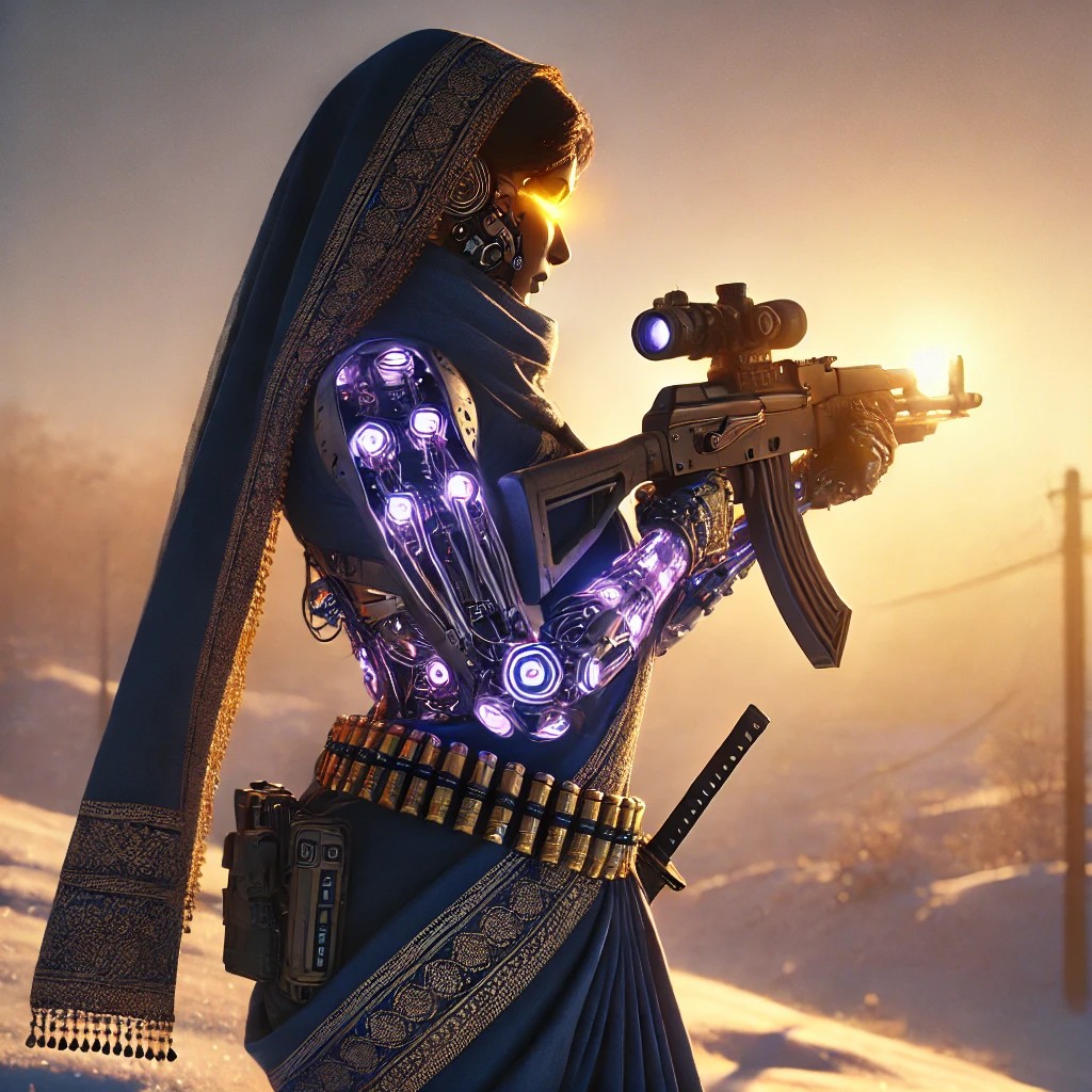 A robotic figure wearing traditional attire holds a futuristic weapon, set against a sunset backdrop with snow-covered ground.