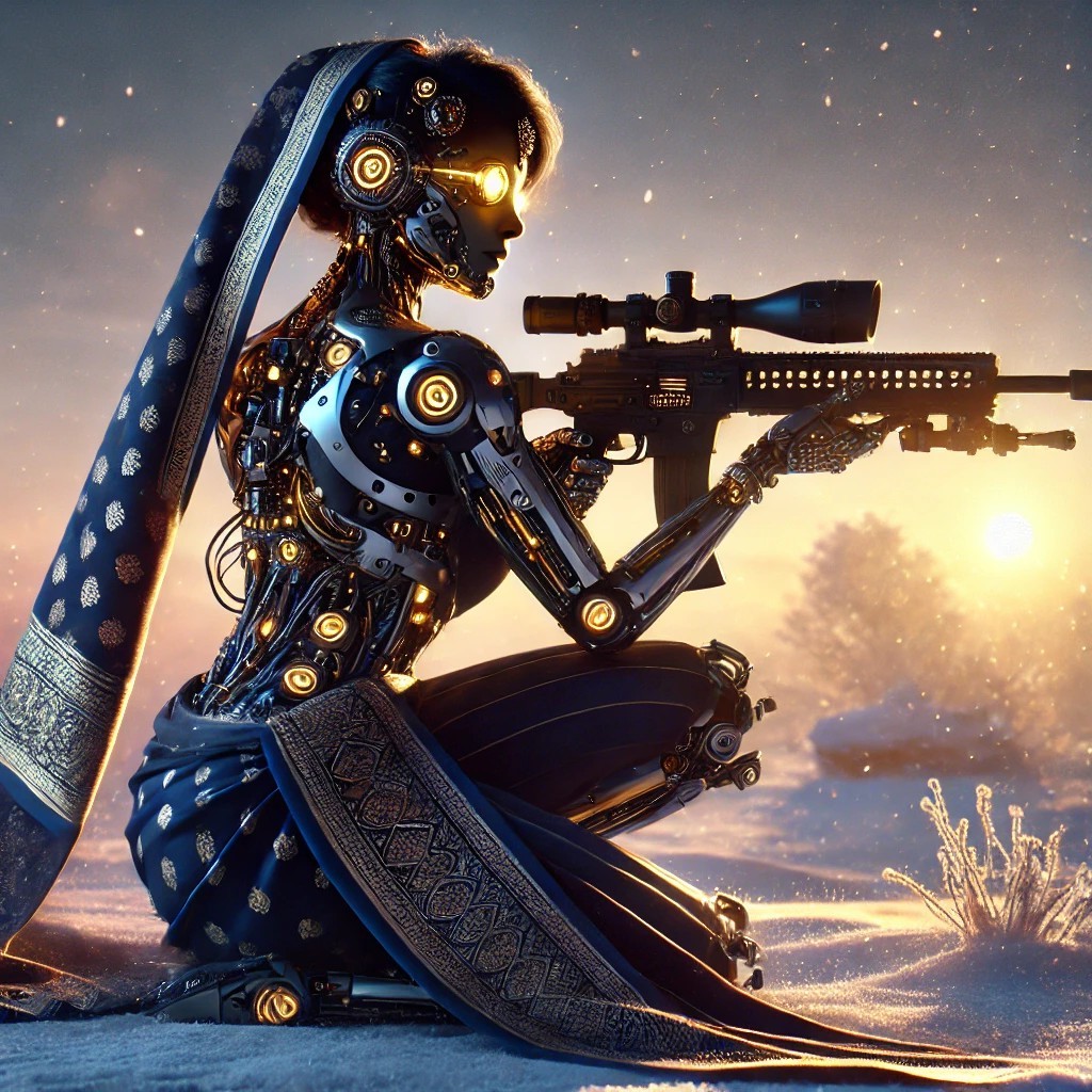 A futuristic robot woman in a traditional outfit, kneeling in the snow with a sniper rifle, illuminated by glowing accents and a sunrise in the background.