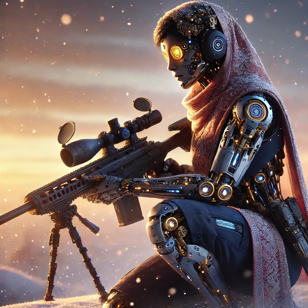 A futuristic robotic figure in a scarf, crouching with a sniper rifle, set against a snowy landscape during sunset.