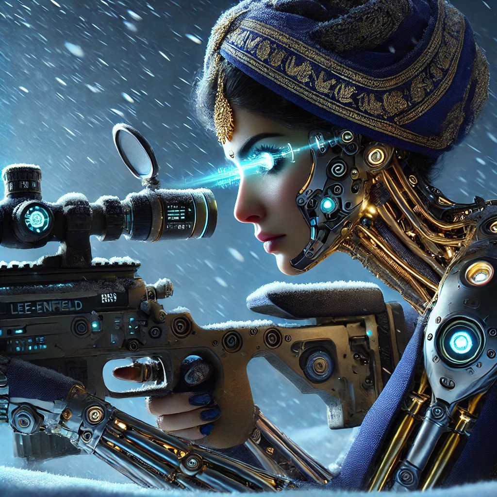 A futuristic cyborg woman with robotic features and a traditional headscarf, aiming a sniper rifle in a snowy environment. Her eye emits a blue light, highlighting her cybernetic enhancements.