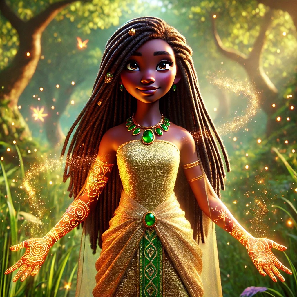 A female character with long, dark braided hair wearing a golden gown adorned with green gemstones, standing in a lush, magical forest with sparkling lights around her.