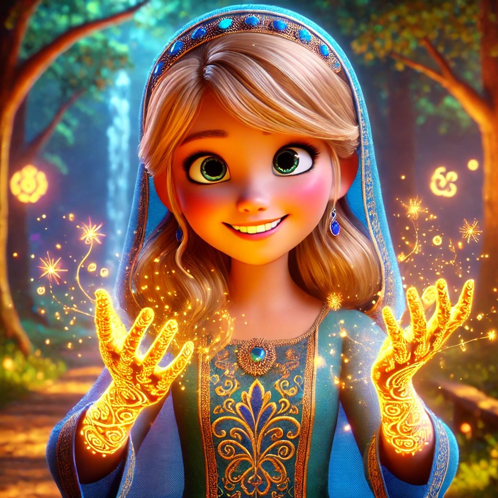 A cheerful animated girl with blonde hair and blue attire, showcasing glowing magical sparks emerging from her hands, set in a vibrant forest background.