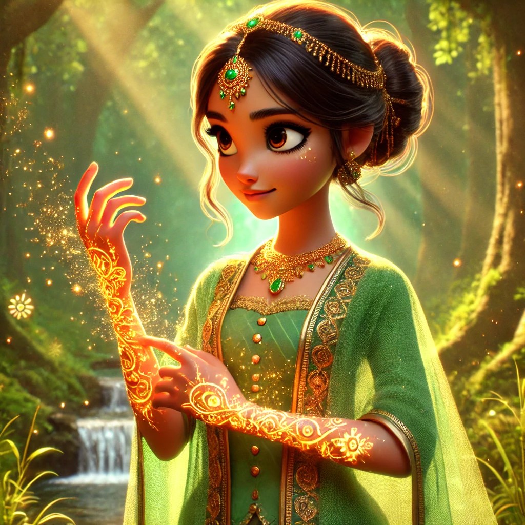 A young woman with long dark hair adorned with a golden headpiece, wearing a green traditional outfit, interacts with sparkling magical patterns on her arms, in a sunlit forest setting.