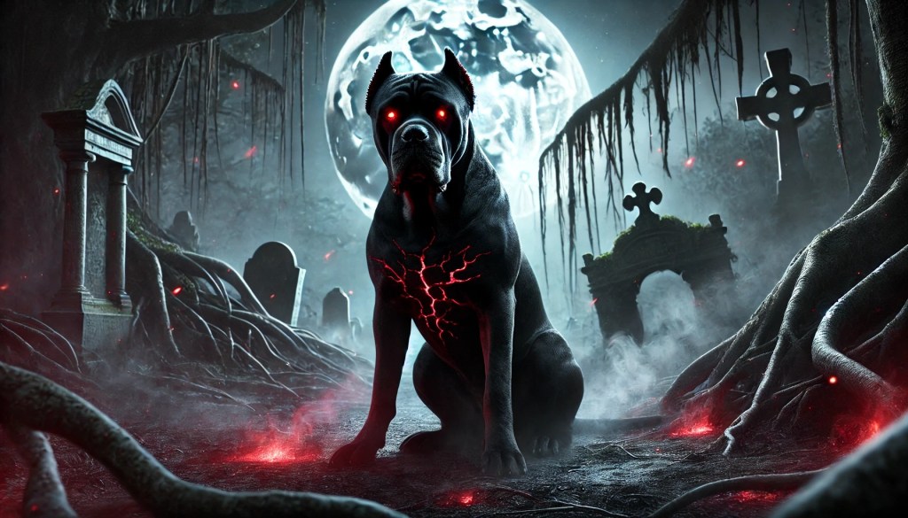 A menacing black dog with glowing red eyes sits in a dark, misty graveyard, illuminated by a full moon. The ground is covered in twisted roots and scattered gravestones, creating a spooky atmosphere.