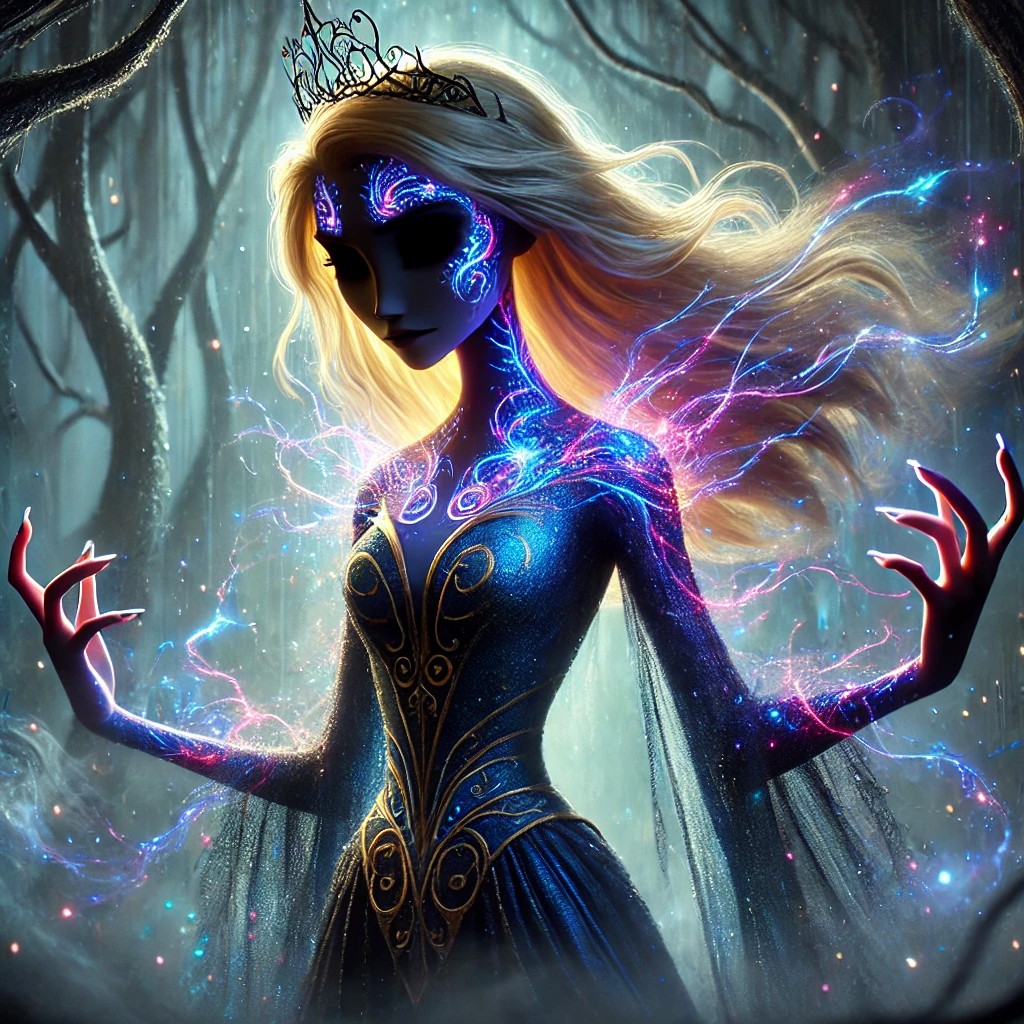A mystical figure with long blonde hair wearing a blue gown adorned with swirling patterns of light, set against a dark forest backdrop.