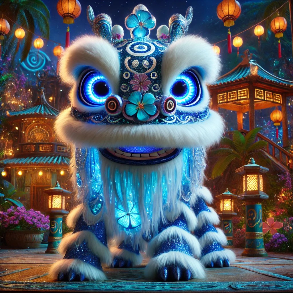 A brightly coloured dragon dance costume with blue, white, and floral decorations, set against a vibrant night scene featuring lanterns and traditional architecture.