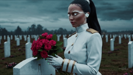 A woman in a futuristic white uniform holding a bouquet of red roses, standing in a graveyard with white headstones beneath a dark, cloudy sky.