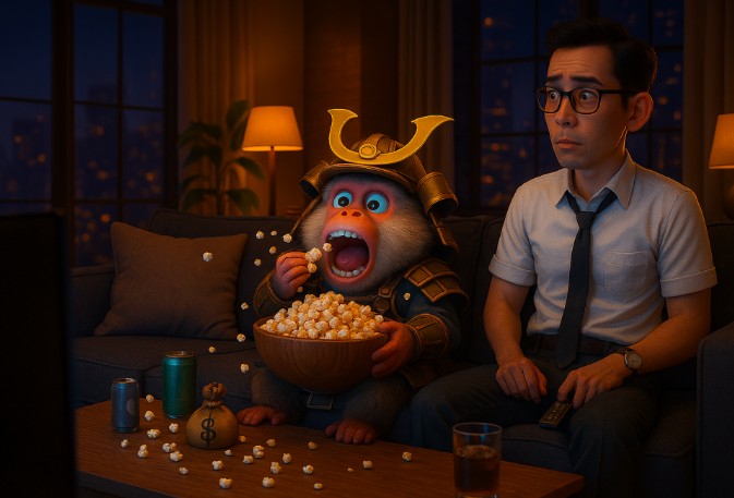 A cartoon monkey wearing a samurai helmet eats popcorn from a large bowl, while a man in a white shirt and black tie sits beside him, looking surprised, in a dimly lit living room with a city view.