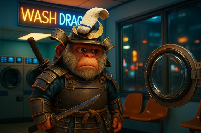 A cartoon monkey dressed as a samurai with a sword, standing in a laundromat under a 'WASH DRAG' neon sign, looking pensively at a washing machine.