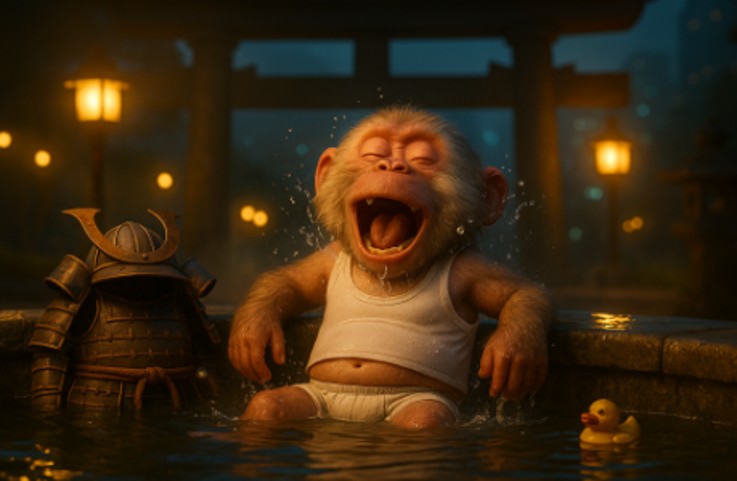 A cartoon monkey wearing a white vest, sitting in a hot spring with a big grin, surrounded by glowing lanterns and a rubber duck, alongside a samurai armour.