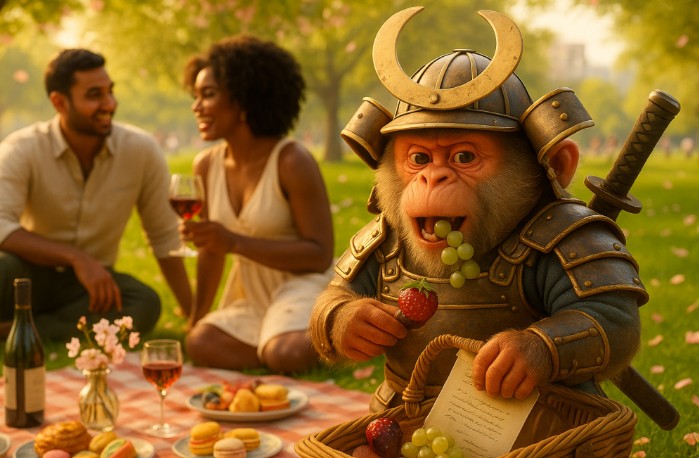 A whimsical scene of a picnic in a park featuring a monkey dressed in samurai-style armour, holding grapes and strawberries, with a picnic setting around two laughing people enjoying drinks and food.